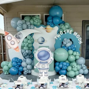 Moon Astronaut Rocket Cutouts Cardboard Blue Green Astronaut Birthday Balloons Outer Space Birthday Party Backdrops Baby Shower