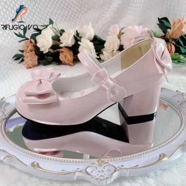 Kawai Lolita Princess Shoes Girl Round Head Lace Bow Accessories Middle Heel Lo Shoes Women Sweet and Cute Decorative Gift - Image 4