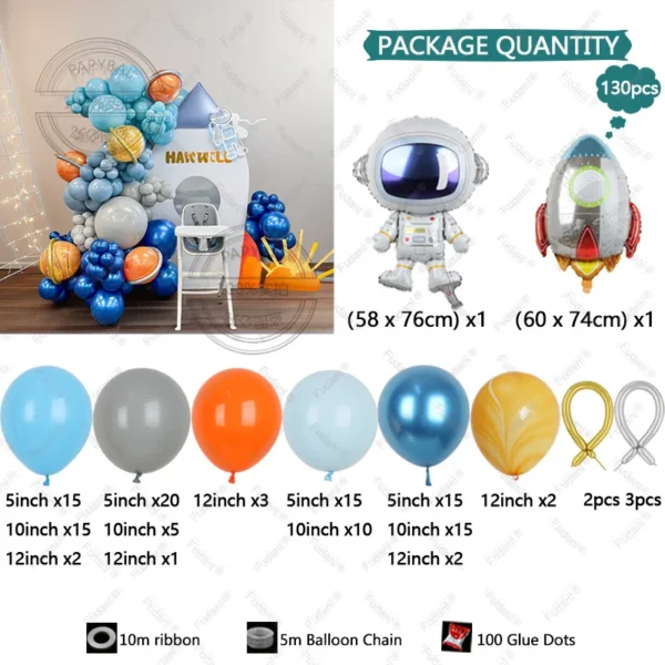 130PCS Space Themed Party Latex Balloon Chain Set Blue Boy's Astronaut Rocket Foil Balloon Baby Shower Birthday Party Decoration - Image 4